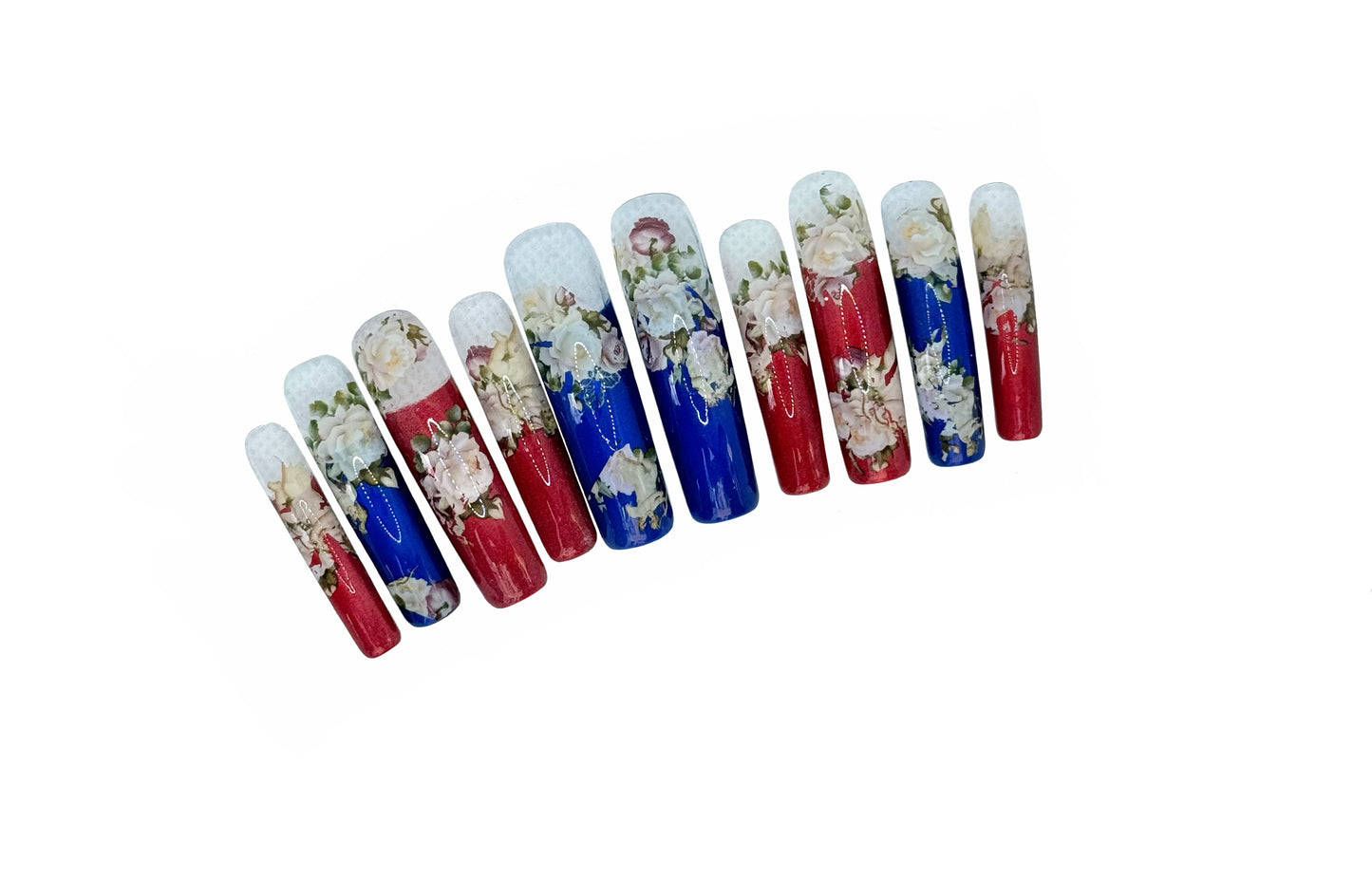 Red, White, and Blue Flower Nails