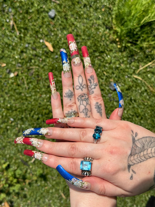 Red, White, and Blue Flower Nails